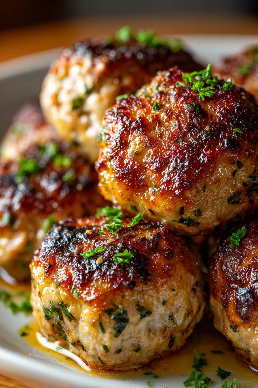 Baked turkey meatballs served on a plate with herbs and sauce.