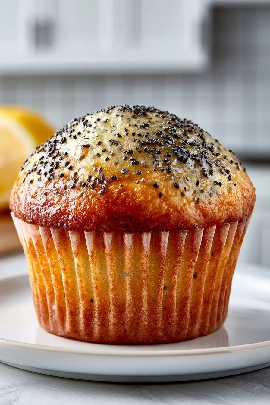 Bakery style lemon poppyseed muffin with lemon glaze