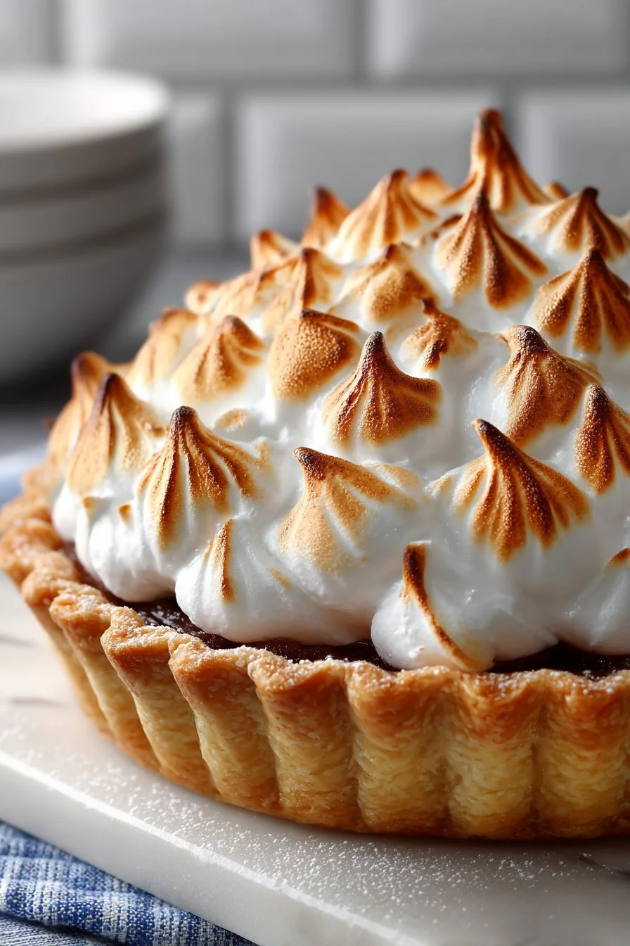 Delicious homemade flaky crust lemon meringue pie with fluffy meringue topping