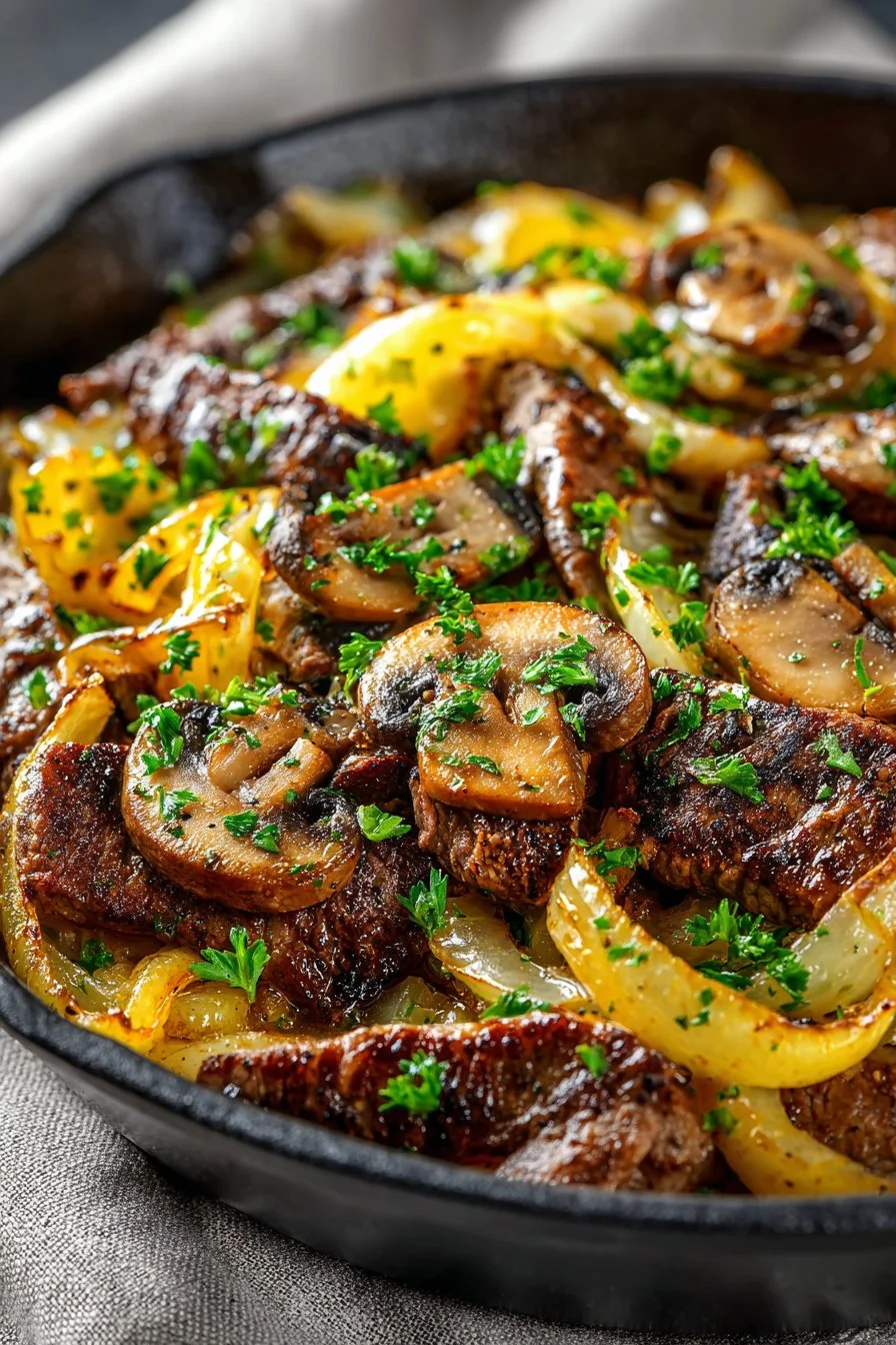 Cast Iron Onion and Mushroom Philly Cheese Steak Bowl