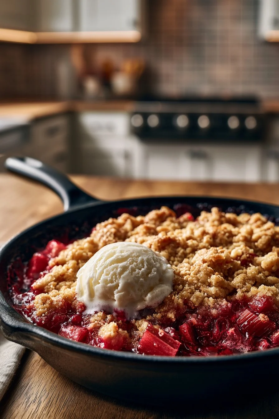 Delicious cast iron skillet rhubarb crisp dessert topped with oats and brown sugar