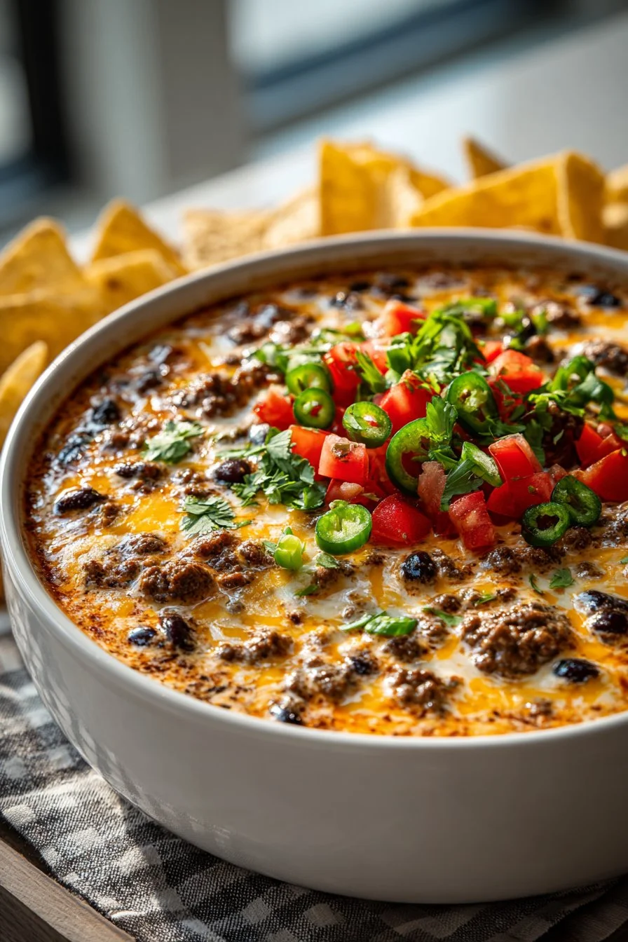 Cheesy black bean dip with Rotel and ground beef served in a bowl