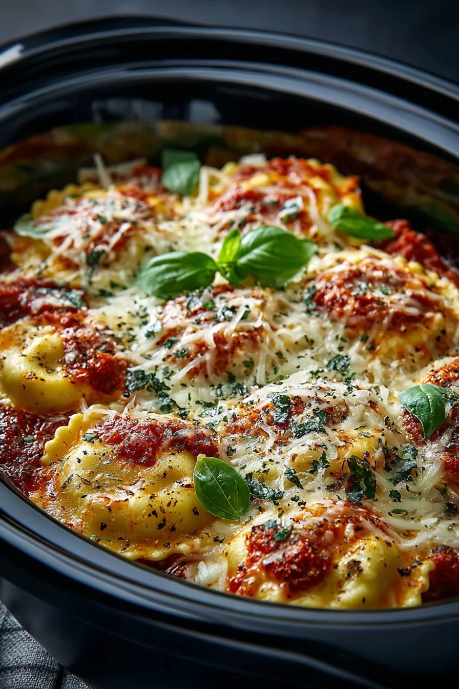 Cheesy slow cooker crockpot ravioli dish with melted cheese and herbs