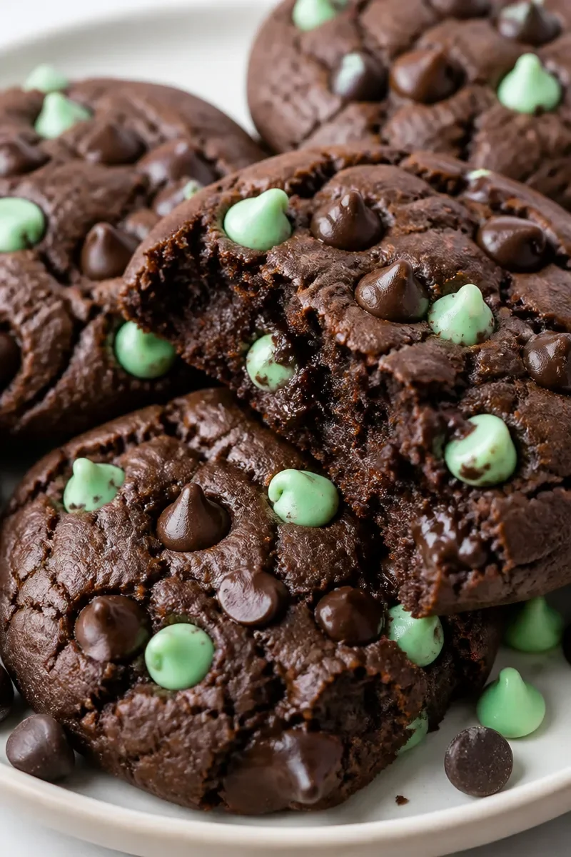 Chewy double fudge mint chocolate chip cookie with mint and chocolate chips
