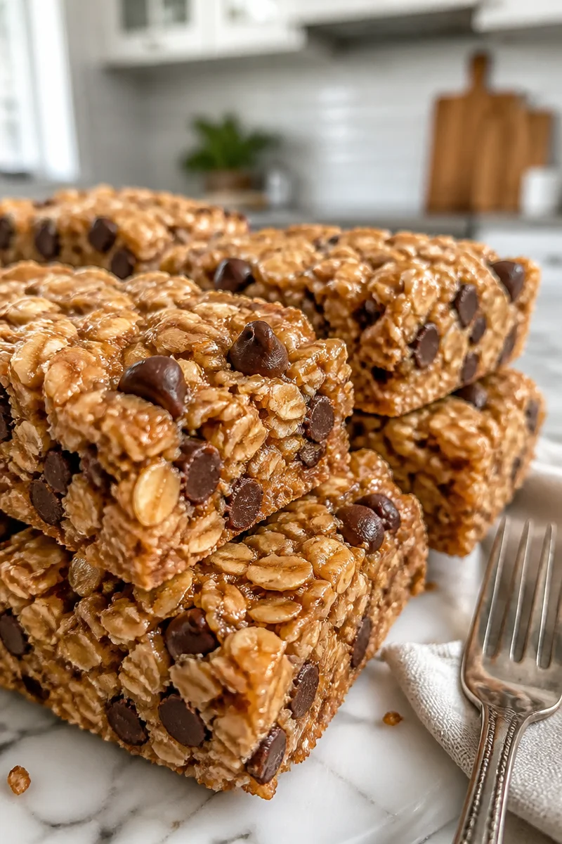 Chewy oatmeal chocolate chip granola bar on a wooden table with chocolate chips