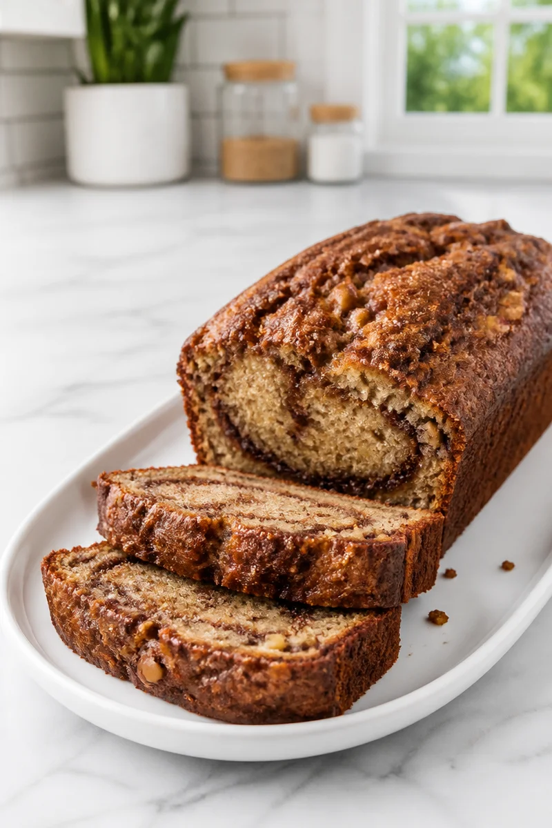 Moist banana bread with cinnamon swirl, freshly baked and sliced.
