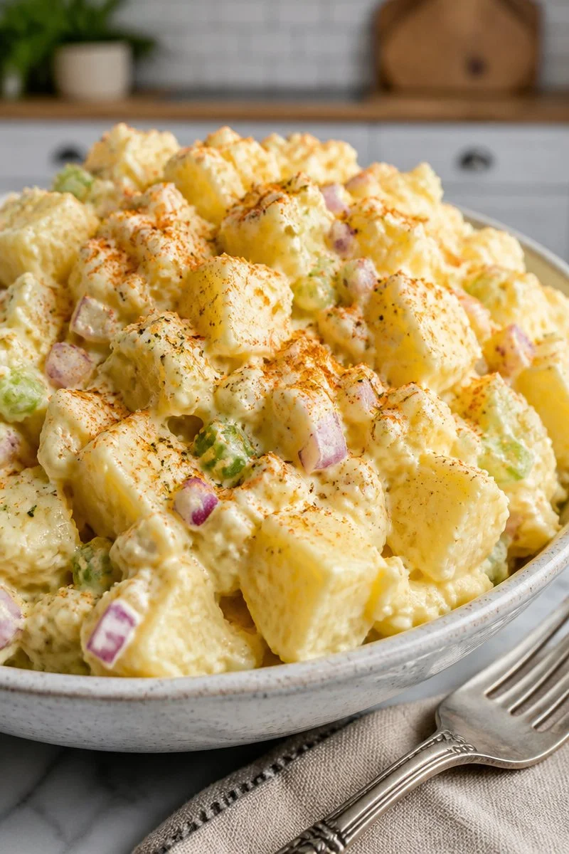 Delicious classic American potato and egg salad served in a bowl