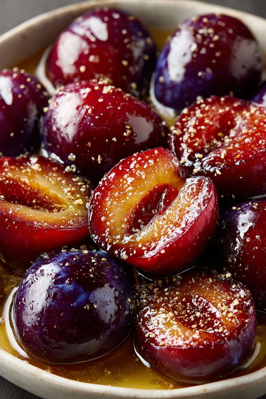 Delicious classic cinnamon baked plums served as a dessert