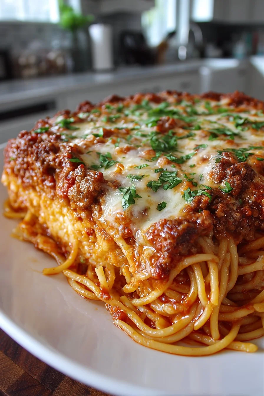 Delicious baked spaghetti casserole topped with melted cheese and herbs