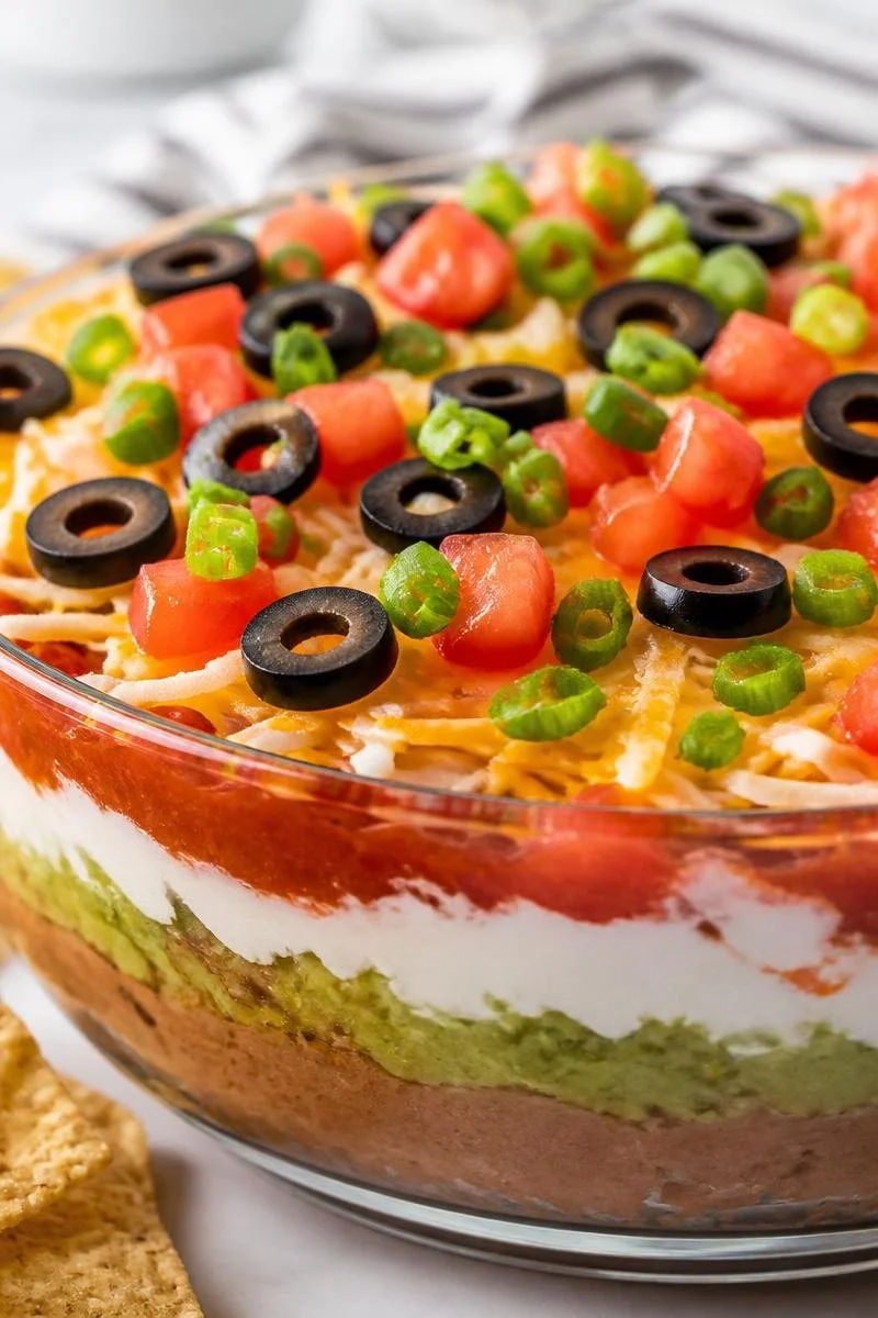Delicious 7 layer dip served at a game day tailgate