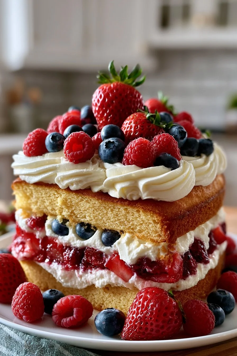 Classic Layered Berry Chantilly Cake with fresh berries and cream frosting