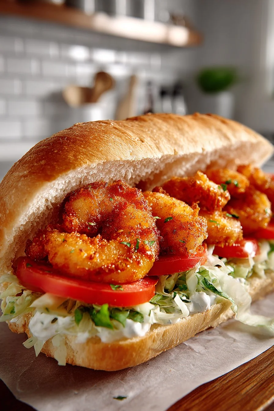 Delicious classic New Orleans Fried Shrimp Poboy sandwich with crispy shrimp.