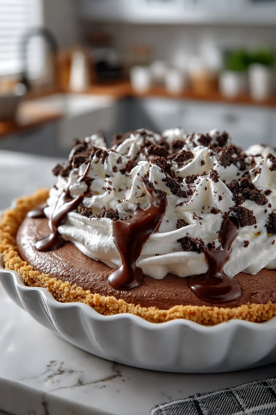 Classic No Bake Chocolate Ice Cream Pie topped with chocolate shavings