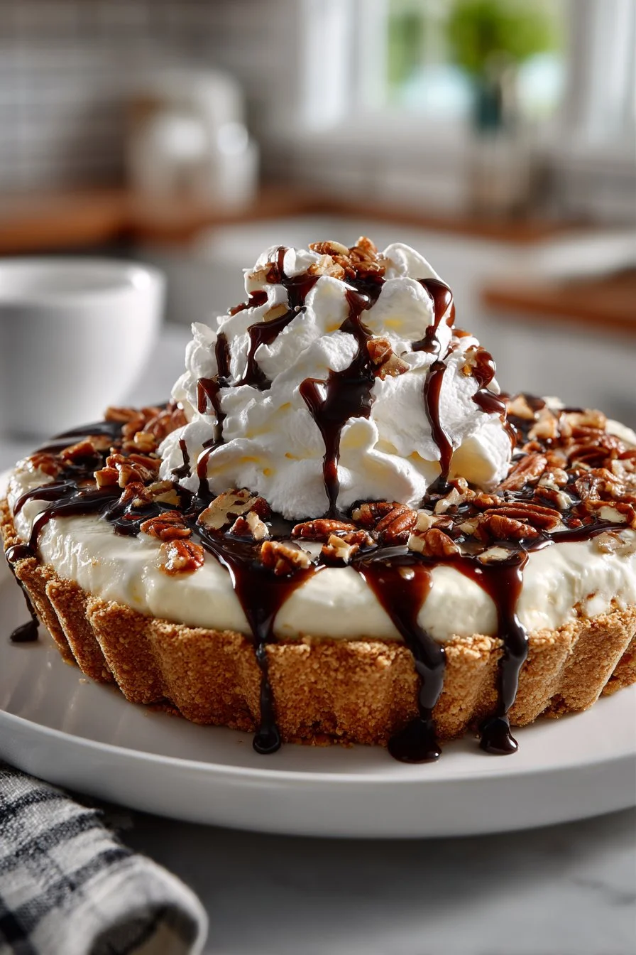 Classic Pecan Turtle Ice Cream Pie with chocolate and caramel topping