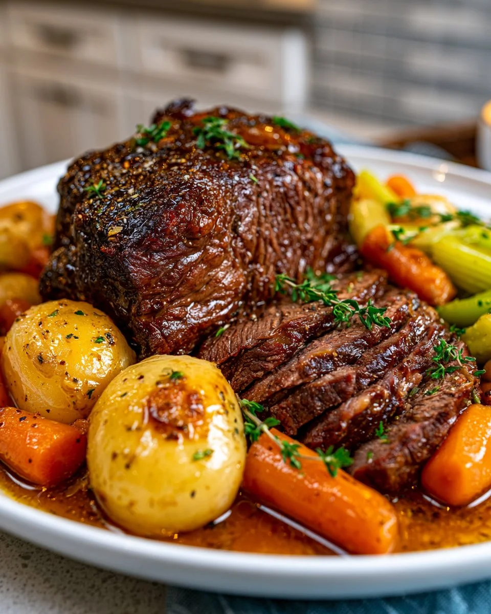 Delicious classic pot roast served at a festive birthday dinner