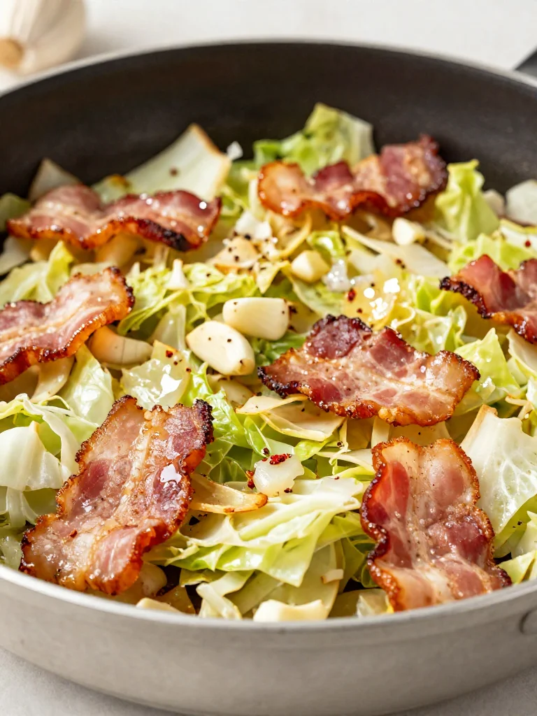 Delicious classic Southern pan fried cabbage served in a skillet.