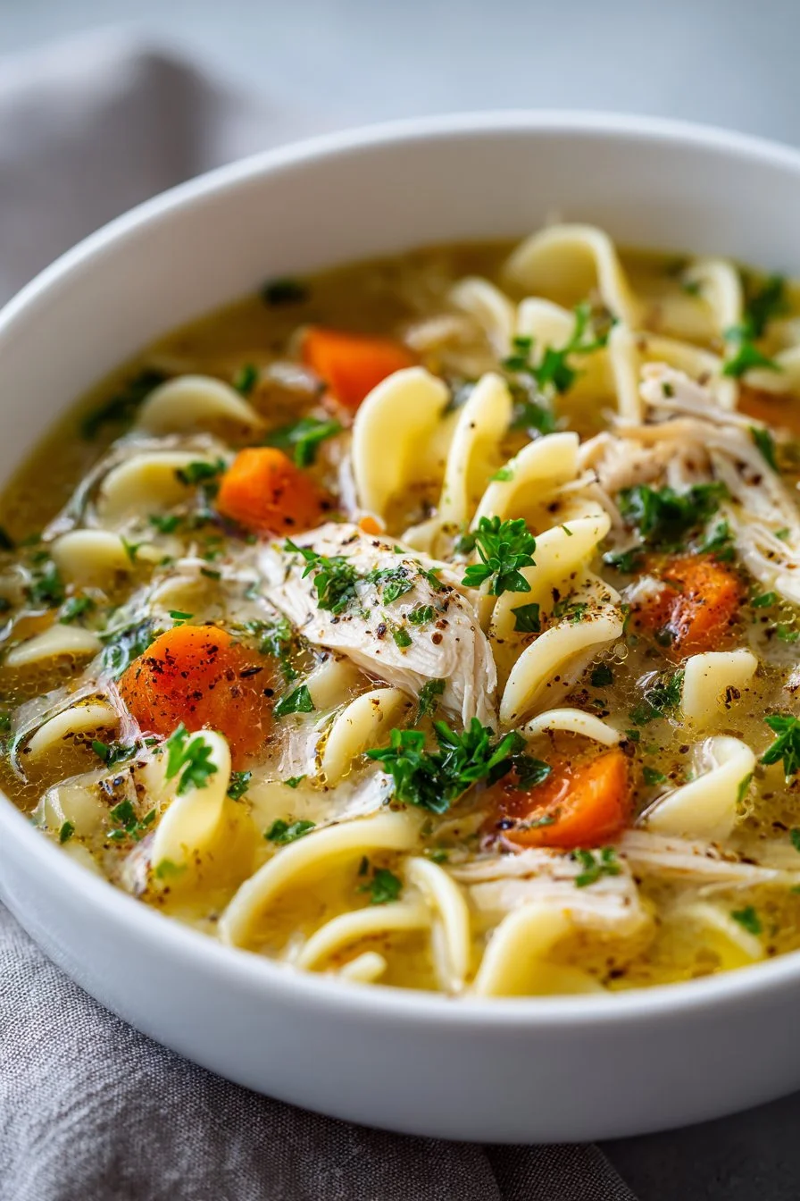 Bowl of Classic Stovetop Homestyle Chicken Noodle Soup with fresh ingredients