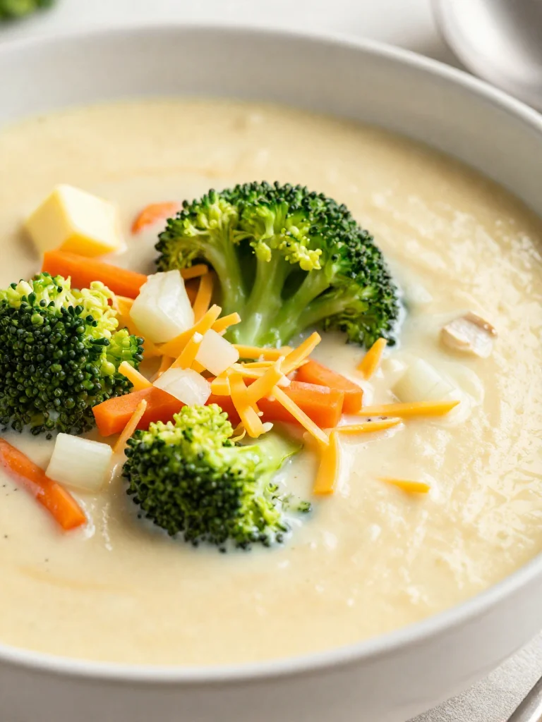Bowl of cozy broccoli cheddar soup topped with cheese and herbs