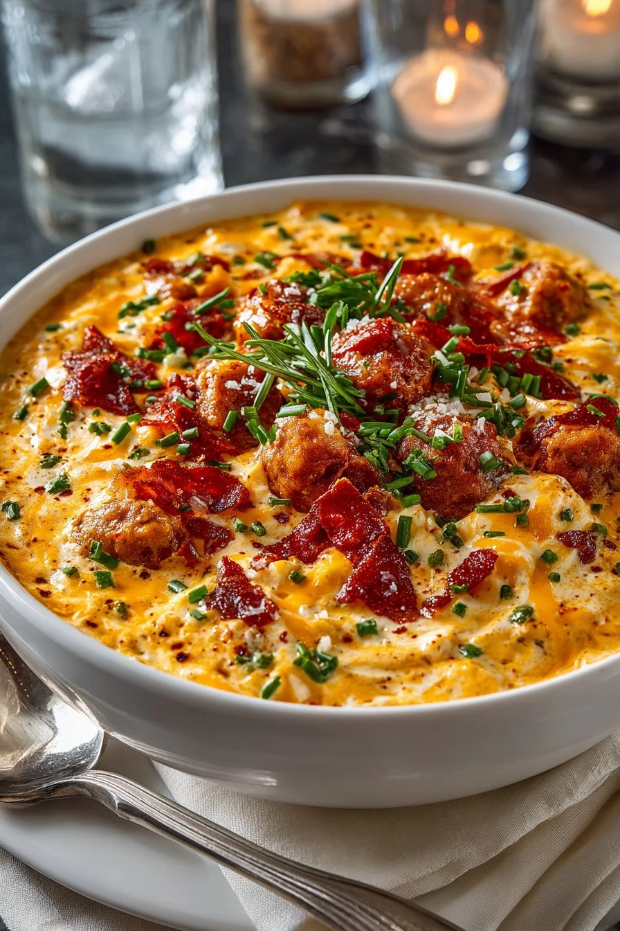 Creamy cheddar sausage dip with Rotel served in a bowl