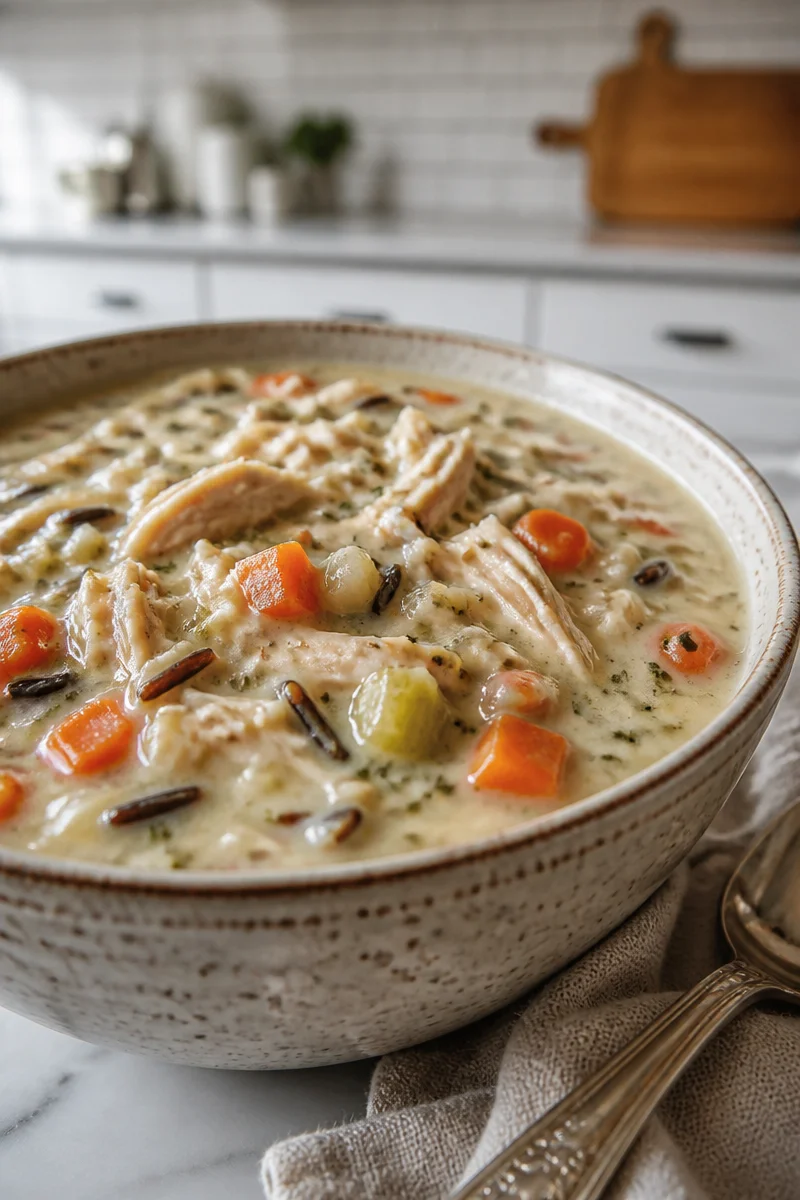 Creamy chicken and wild rice soup served in a bowl with herbs on top.