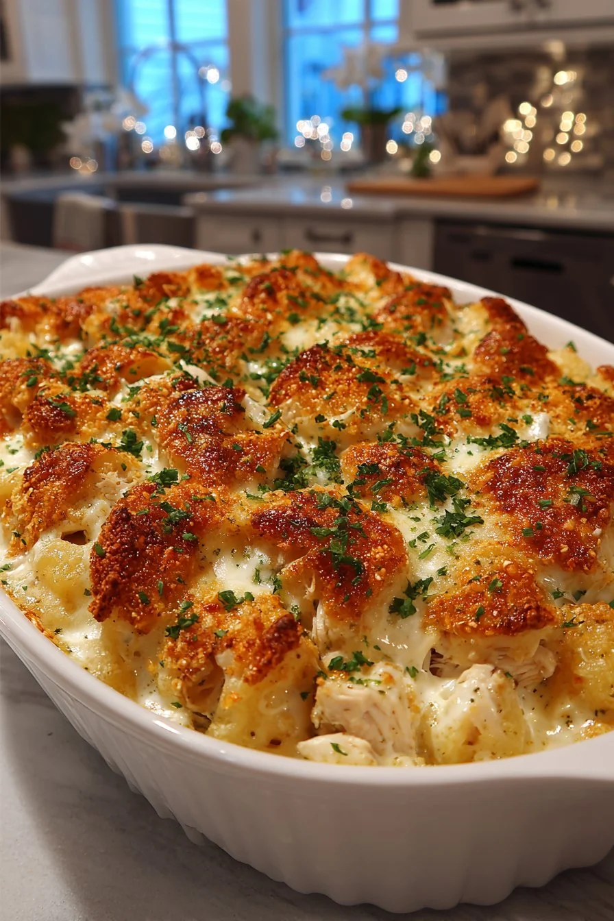 Creamy chicken casserole topped with crispy Ritz crackers