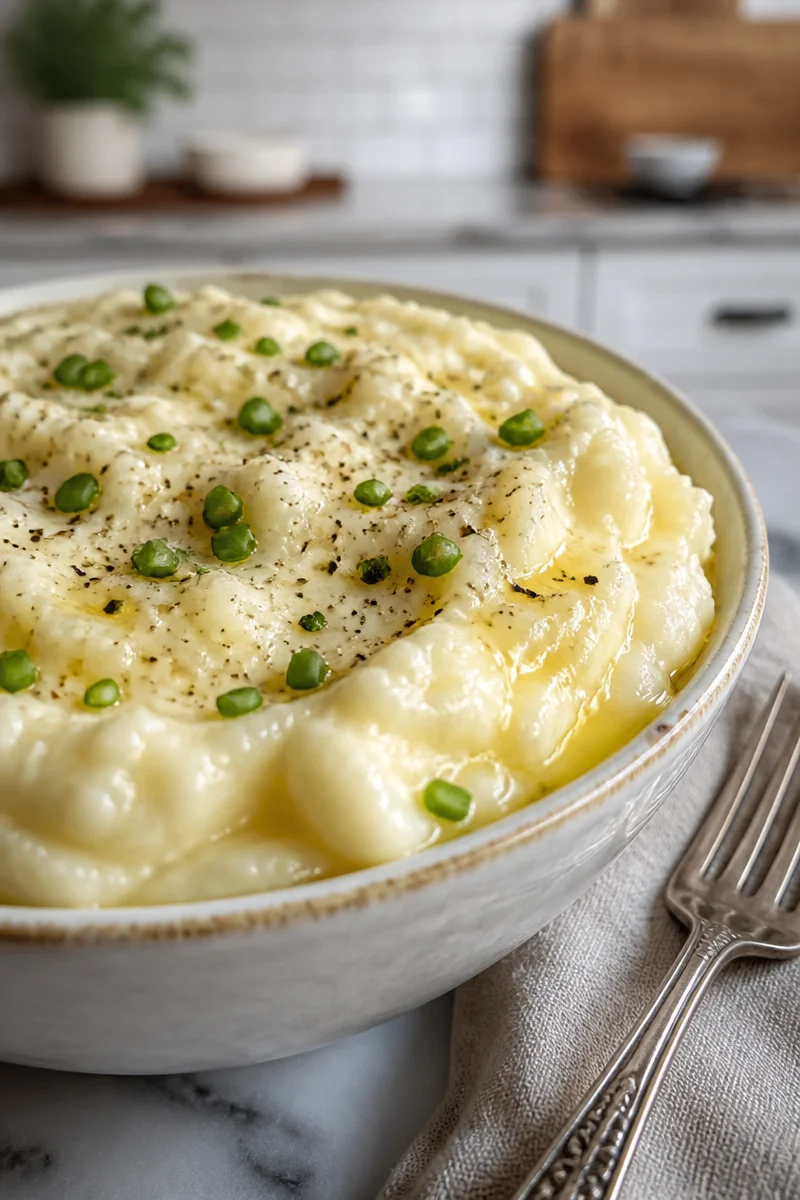 Creamy garlic mashed cauliflower served in a bowl with herbs