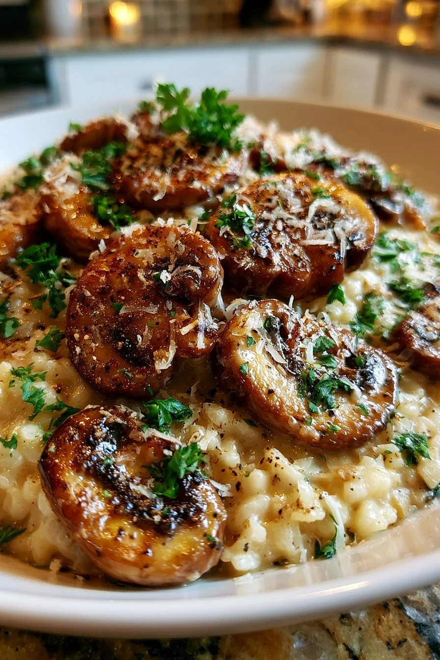 Delicious creamy garlic mushroom risotto served in a bowl