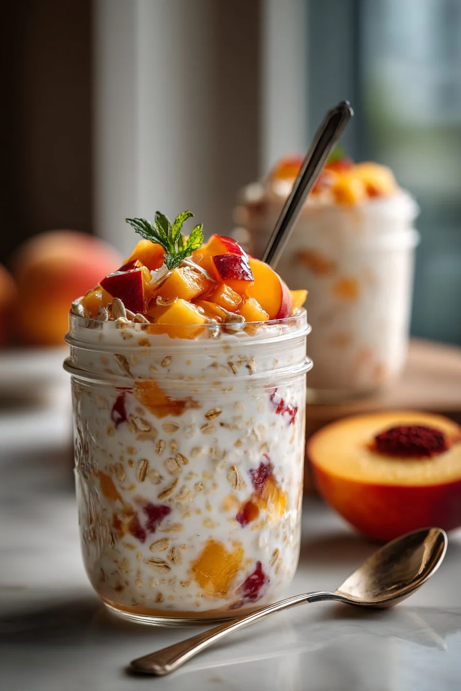 Creamy Greek yogurt peach overnight oats in a glass jar with fresh peaches.