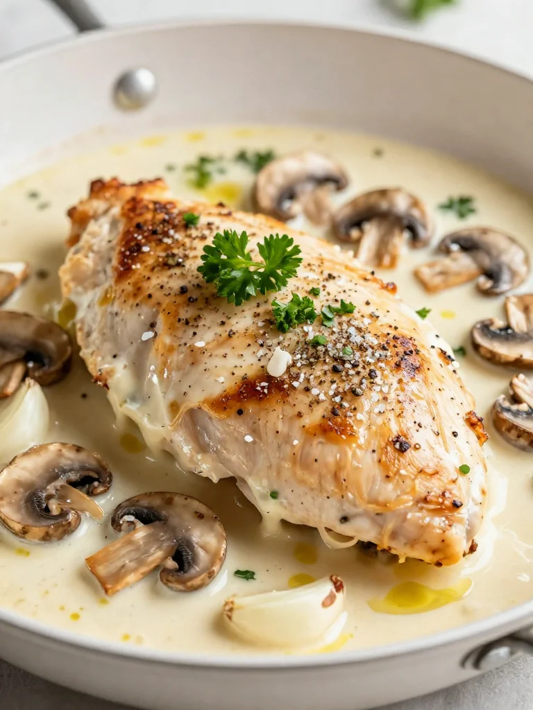 Creamy mushroom garlic chicken breast dish, garnished and ready to serve.