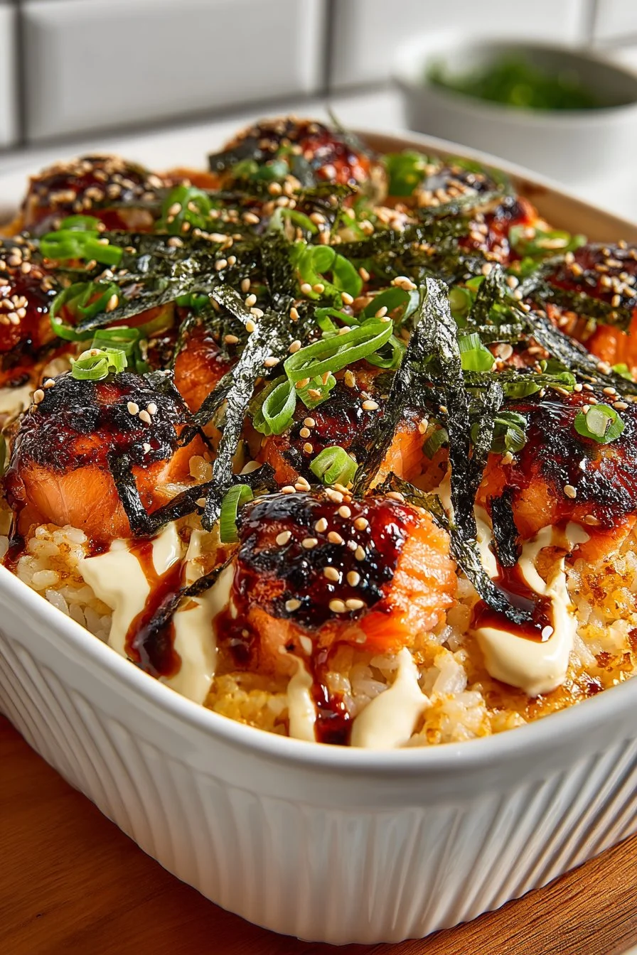 Creamy Spicy Mayo Salmon Sushi Bake
