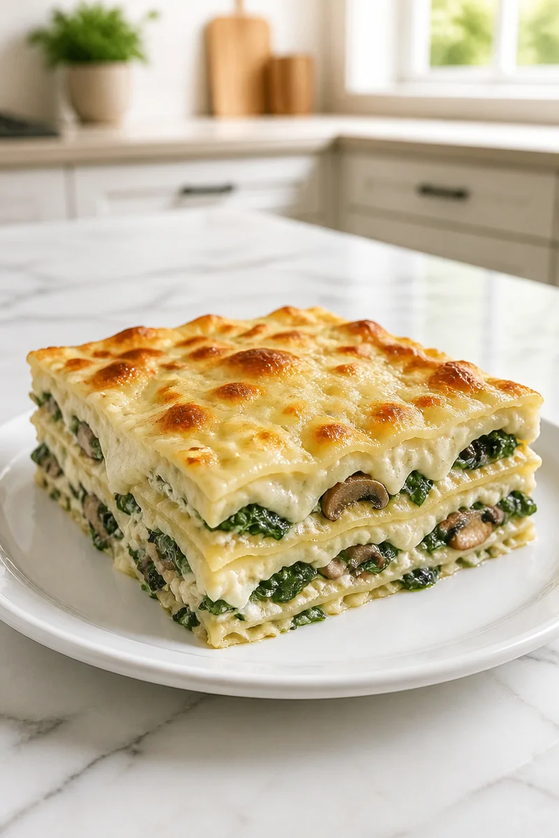 Creamy spinach and mushroom white lasagna served in a baking dish