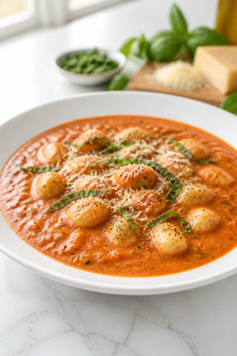 Creamy Tomato Basil Gnocchi Soup served in a bowl with fresh basil and gnocchi.