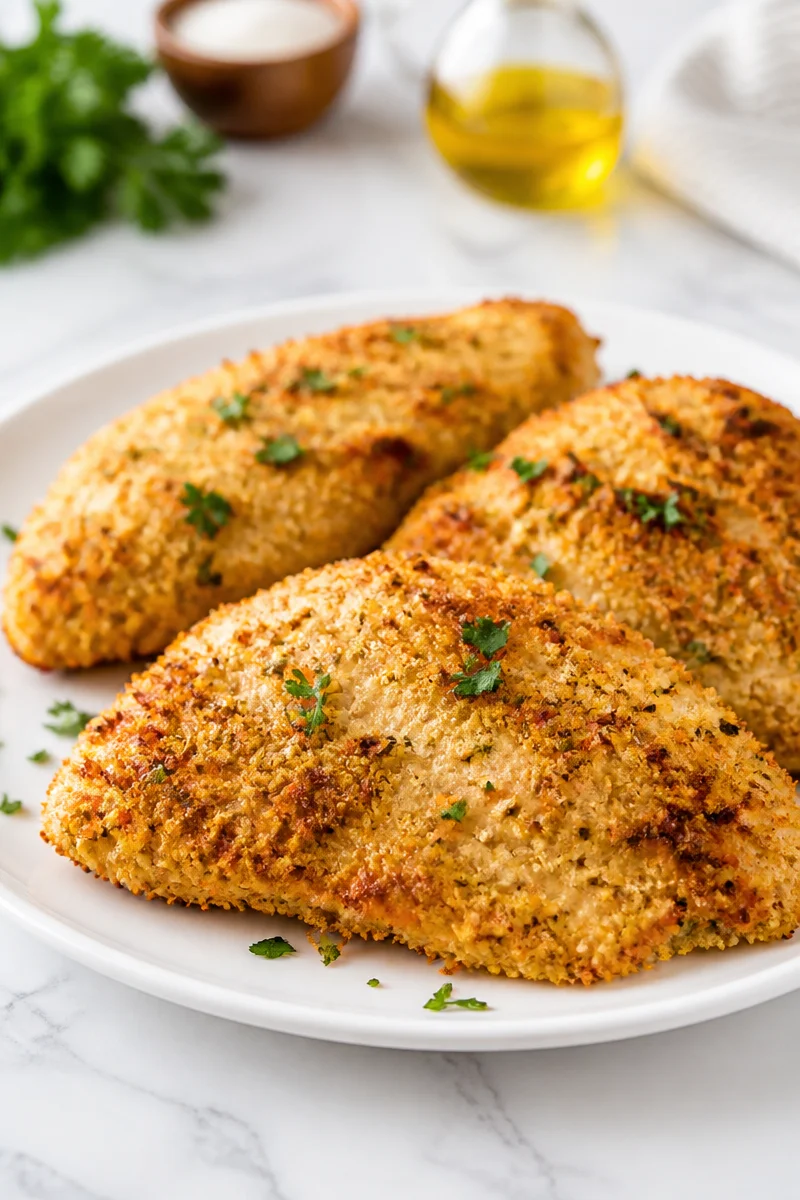 Crispy baked panko chicken breast garnished with herbs and served on a plate
