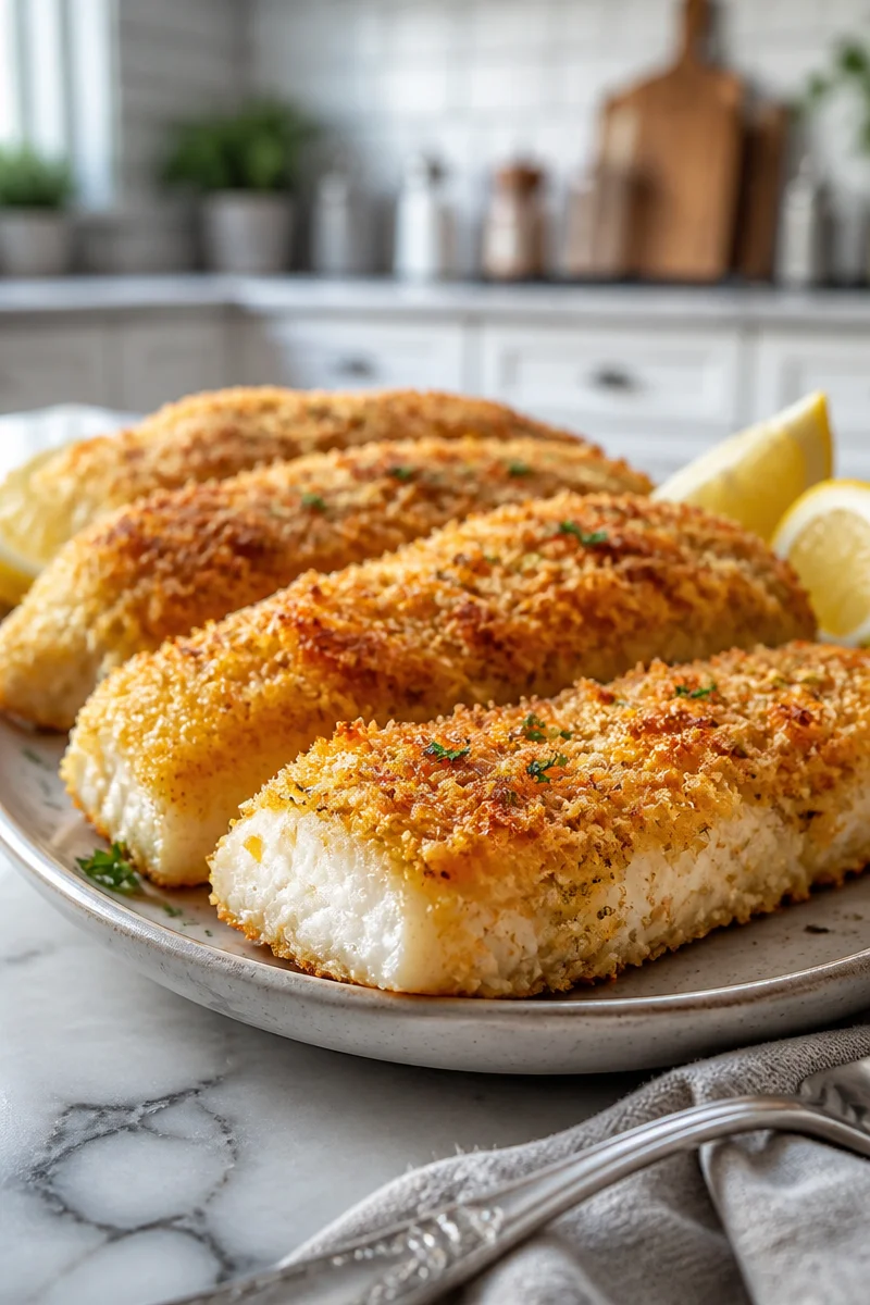 Crispy baked panko crusted cod fish served on a plate with herbs