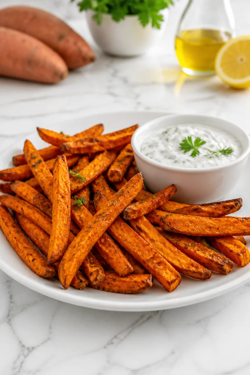 Crispy baked sweet potato fries served with a flavorful dip.