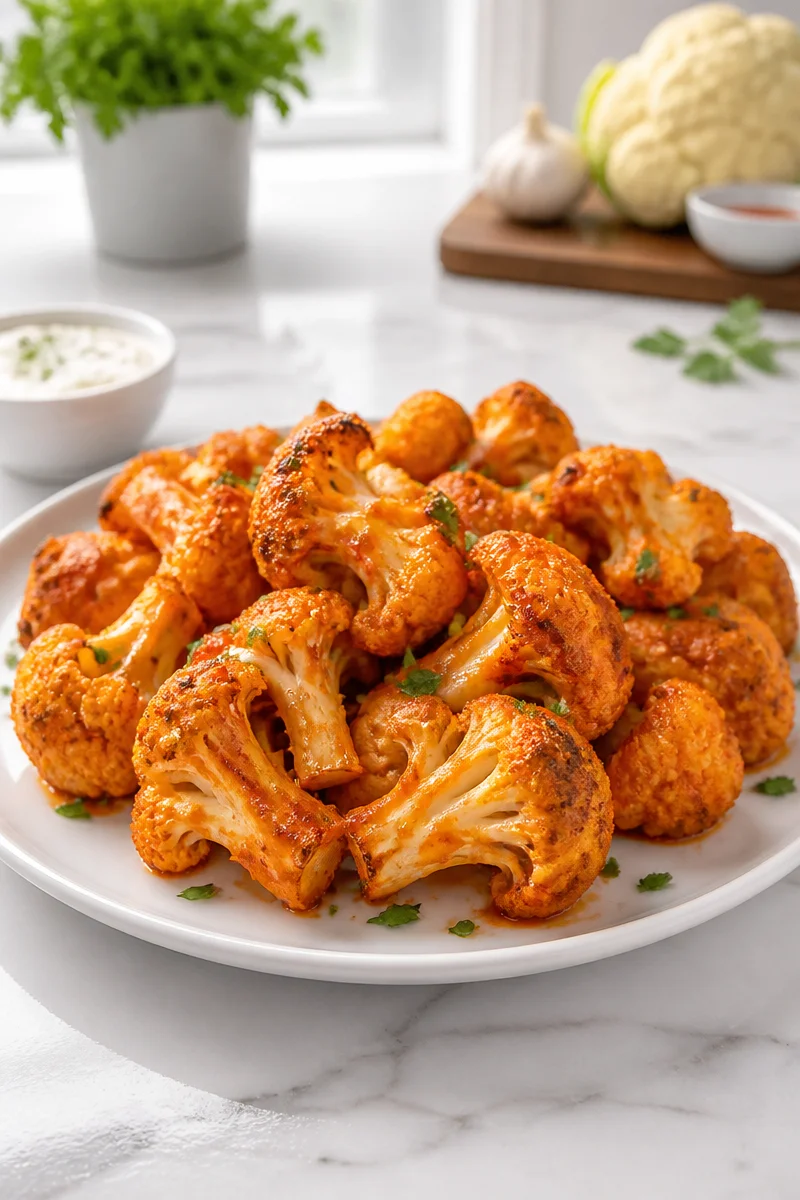 Crispy Buffalo Cauliflower cooked in an air fryer, served on a plate