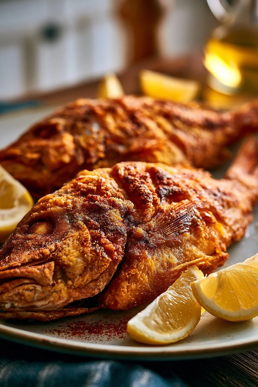 Plate of crispy fried snapper fish served with lemon and herbs