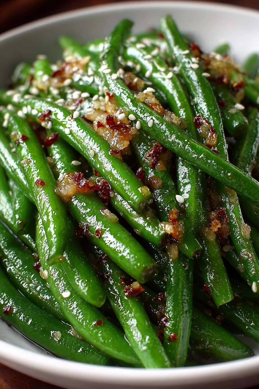 Crispy garlic ginger green beans in a skillet served with herbs.