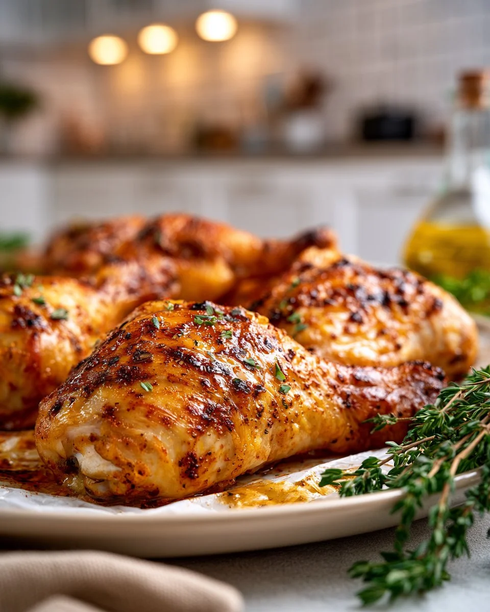 Crispy oven baked chicken legs served with a side of vegetables.