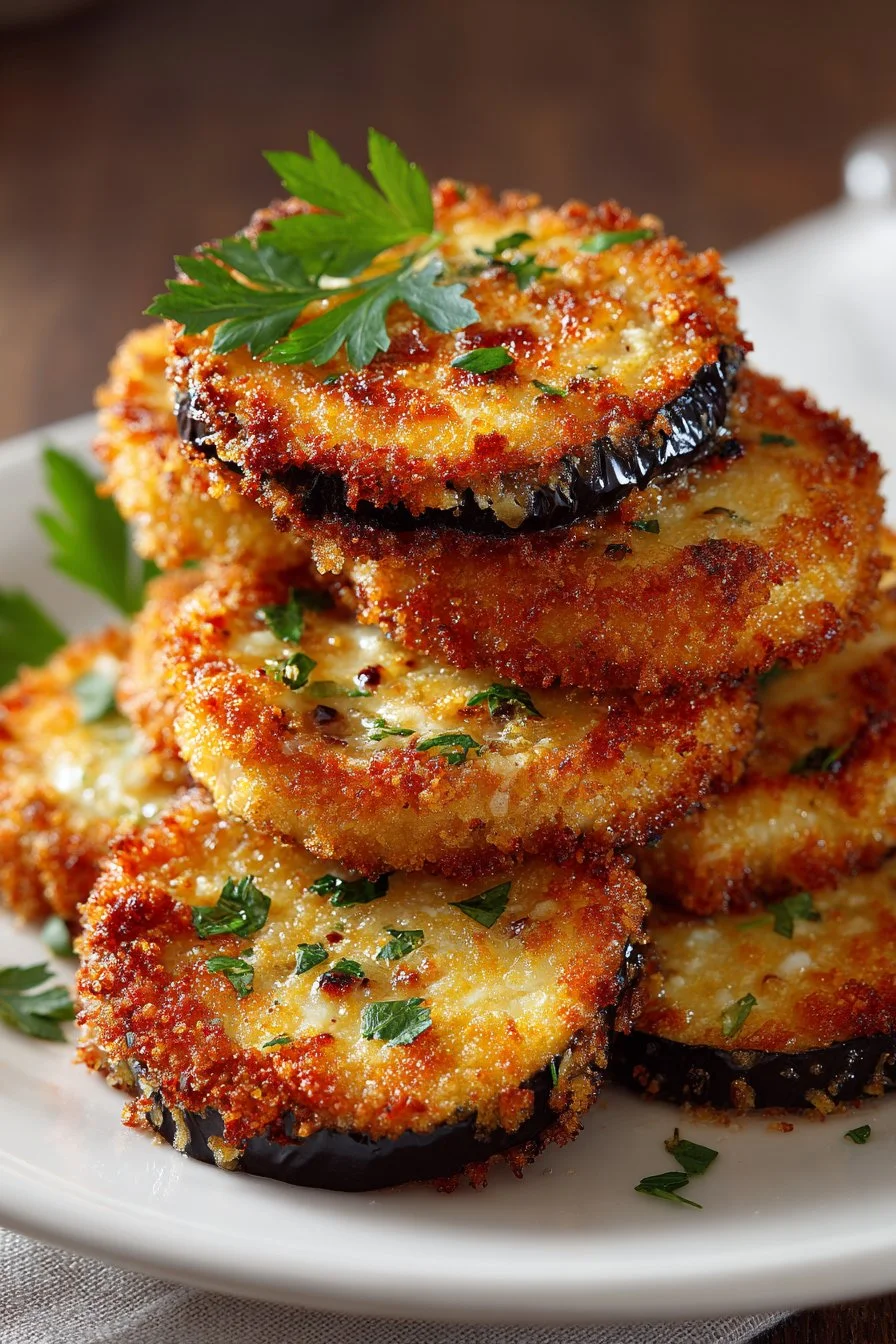 Crispy panko breaded baked eggplant on a plate garnished with herbs