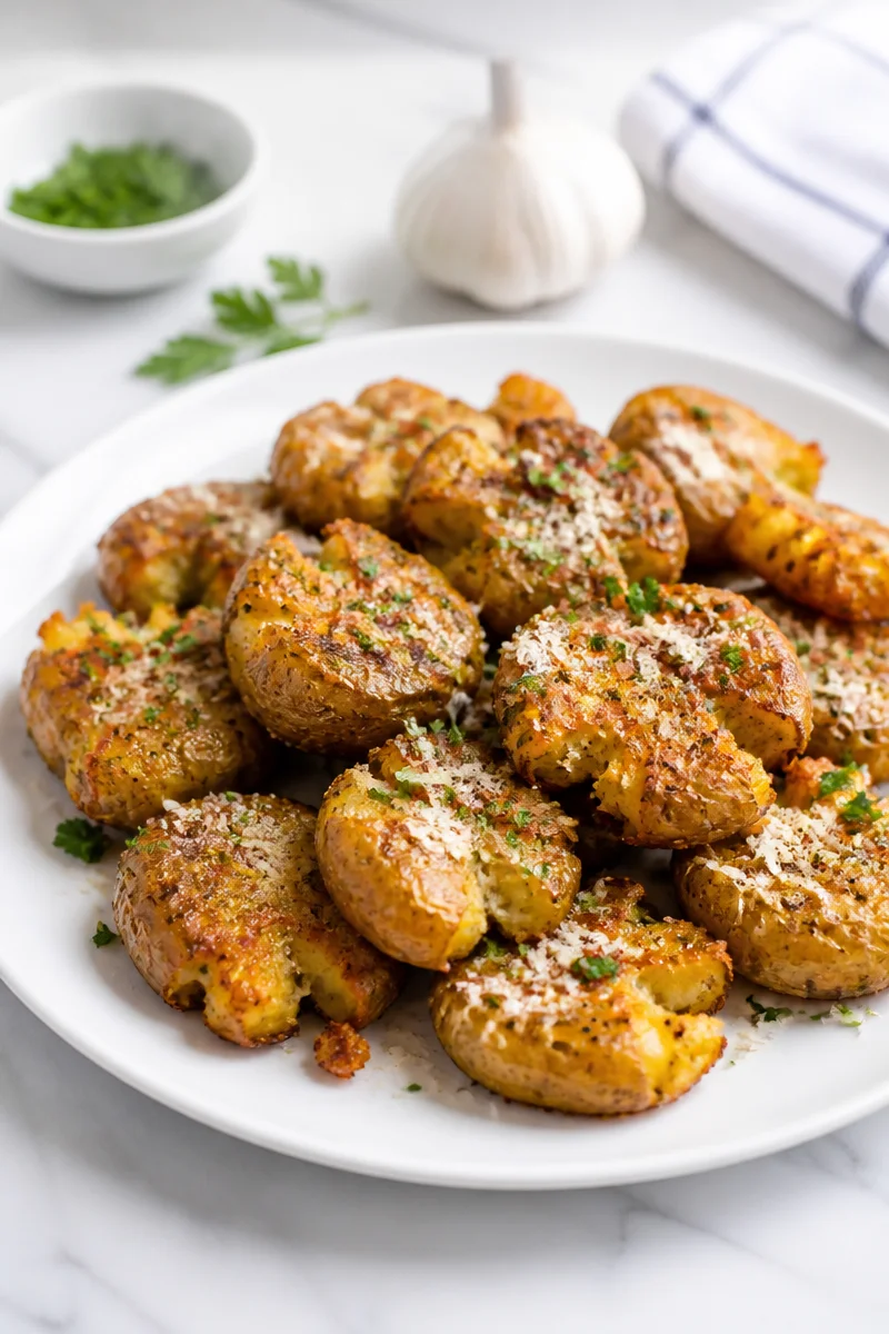 Crispy smashed garlic parmesan potato with herbs and spices