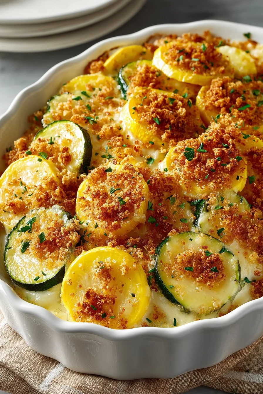 Delicious crispy topped yellow squash casserole served in a dish