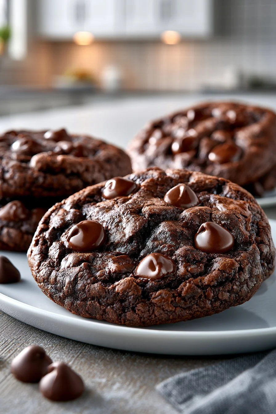 Double Dark Chocolate Brownie Cookie topped with a sprinkle of sea salt