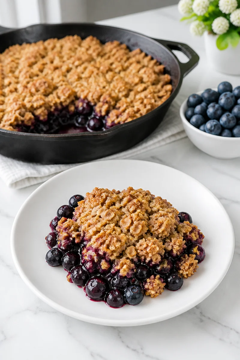 Delicious cast iron skillet blueberry crisp dessert with a golden crumb topping