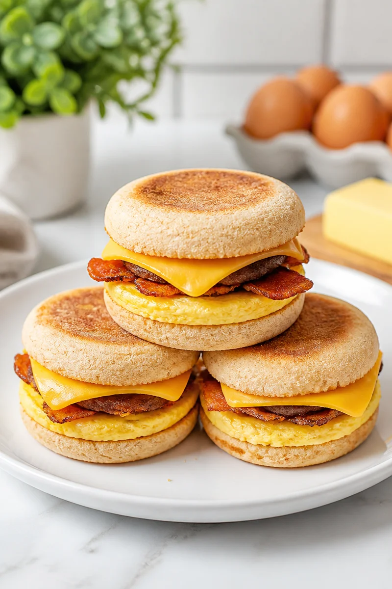 Easy freezer-friendly breakfast sandwich with egg, cheese, and ham on a plate.