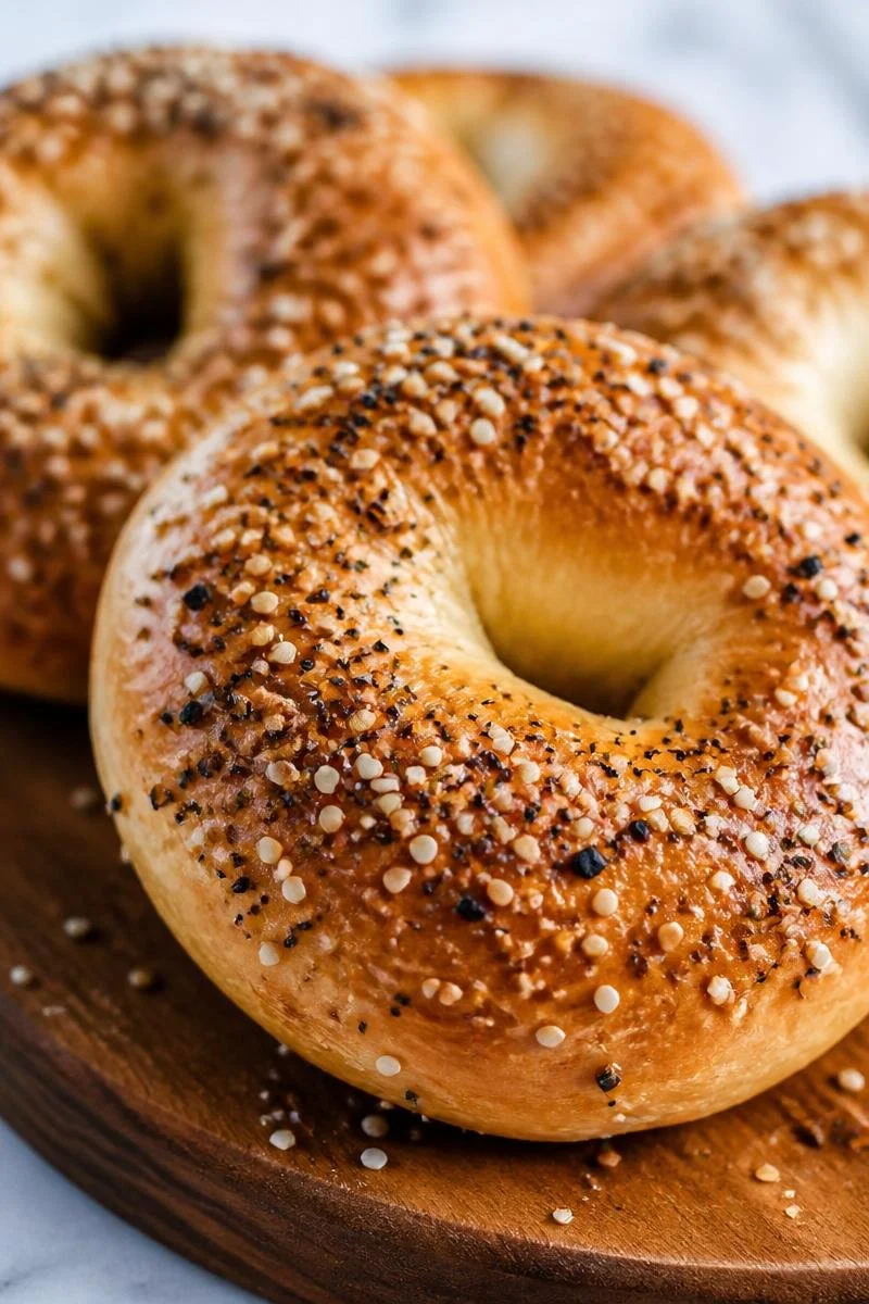 Freshly baked homemade New York style bagels on a cooling rack