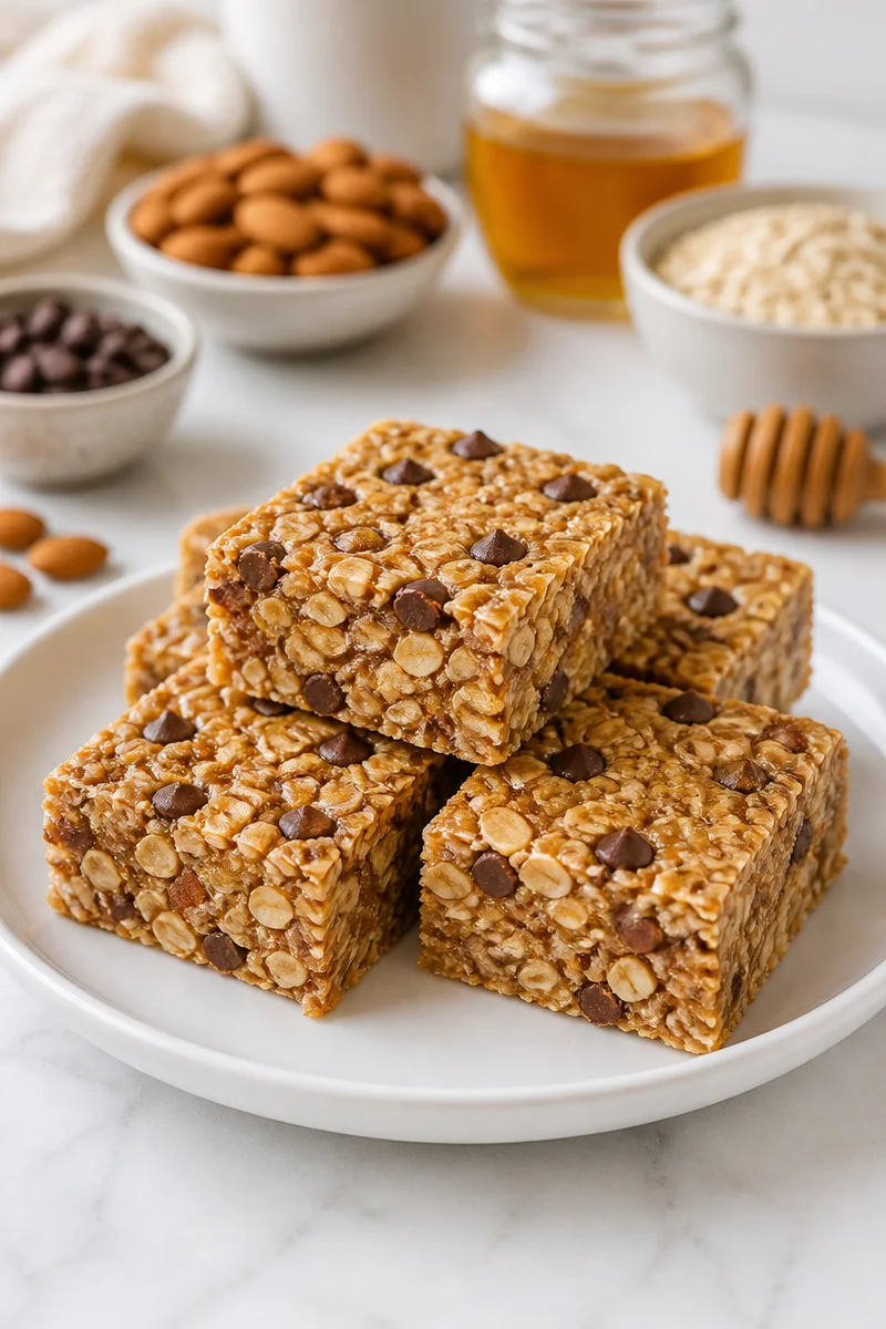 Delicious no bake almond butter bar topped with oats and chocolate