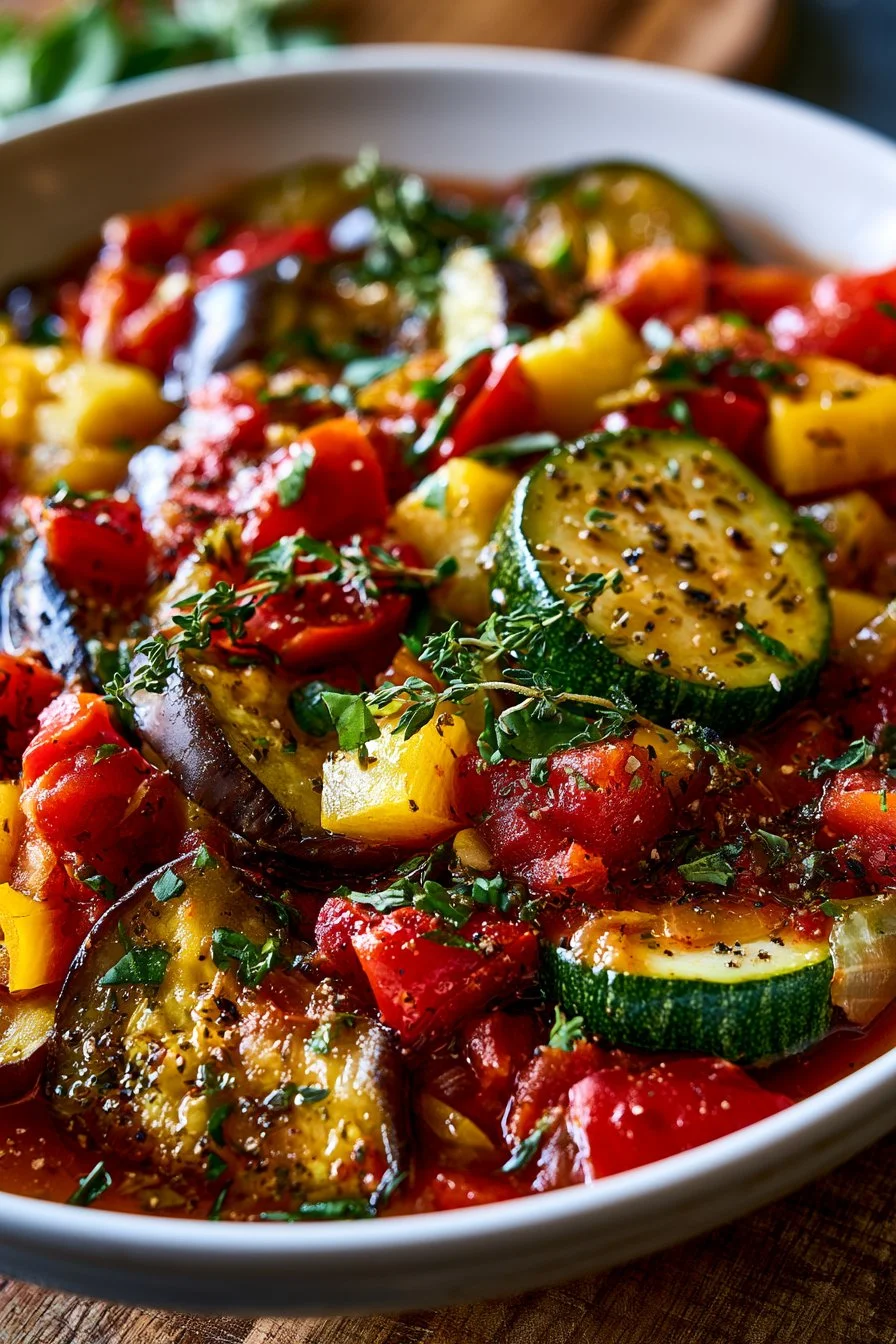 Delicious one pot French Ratatouille with fresh vegetables.