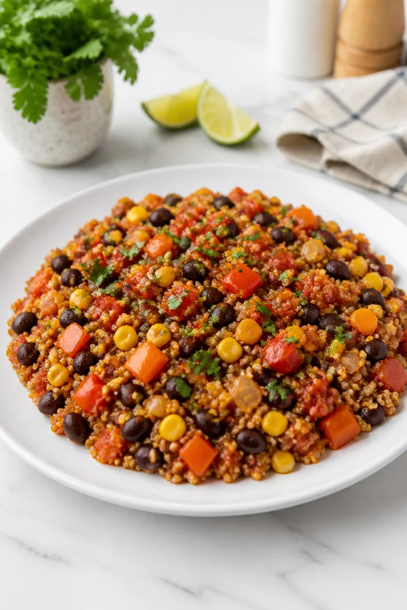 One Pot Mexican Quinoa Skillet with colorful vegetables and spices