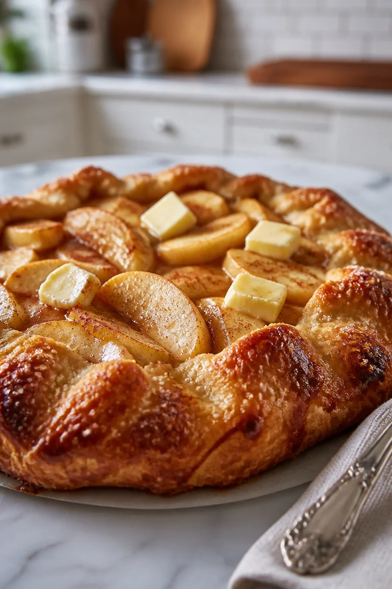 Freshly baked apple galette with a flaky crust and apple filling